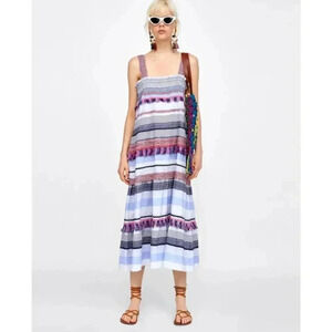 Zara Woman Sleeveless Fringe Midi Dress Red Blue Chambray Summer Boho size M